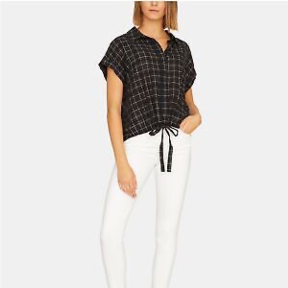 SANCTUARY Womens Black Front Tie windowpane Collared button down XS cotton - Picture 2 of 7